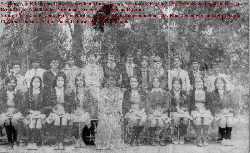 Standing L to R Marquis Douyere, Stephen Muthu, Manoj Bhaskaran,
Raghu(?), Ng Seah Swah, Jagadish, Devraj, Brian Green, Ashley John,
Nityanand, Sreenivas S, Srinivas R(tatoo)
Sitting L to R Jainey John, Patricia Harding, Kumari Piljain,
Sulochana Nair, Mrs Rani Jayashekaran, Debra South, Christine Duncun,
Cynthia Paice, Deborah Fox, June Thomas