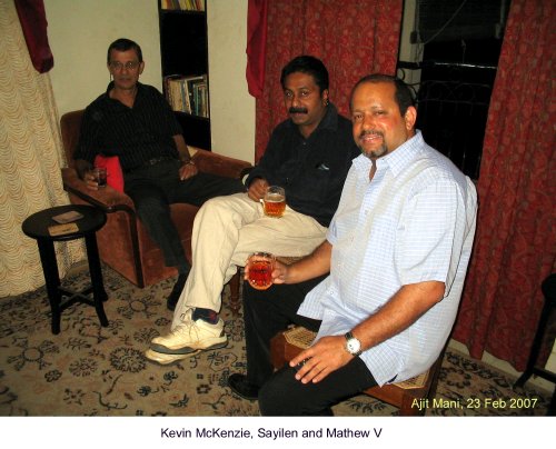 Kevin Mackenzie, Sayilen and Mathew Varkey at a gathering of Old Georgians in Bangalore to welcome Chandra and Prasanna - Feb 2007